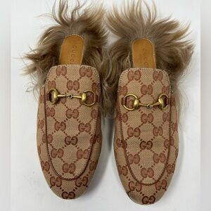 Gucci GG Monogram Horsebit Princetown Mule Slipper Brown Canvas Fur size 36.5 EU